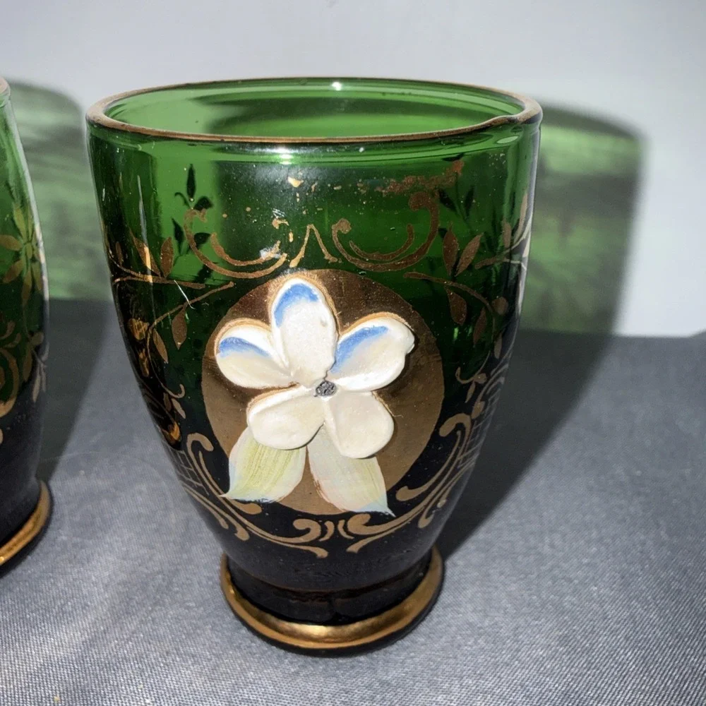 MCM Green Venetian  Green Glass  Cordial   Floral Painted 2 1/2